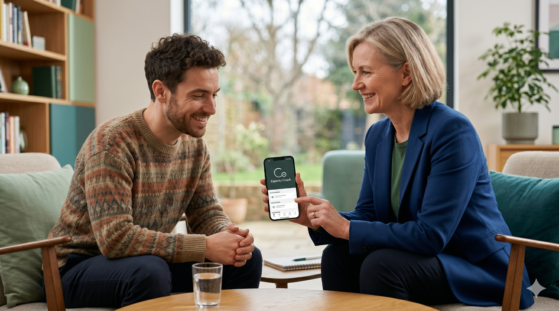 A health coach showing the Esperity Coach app to a client